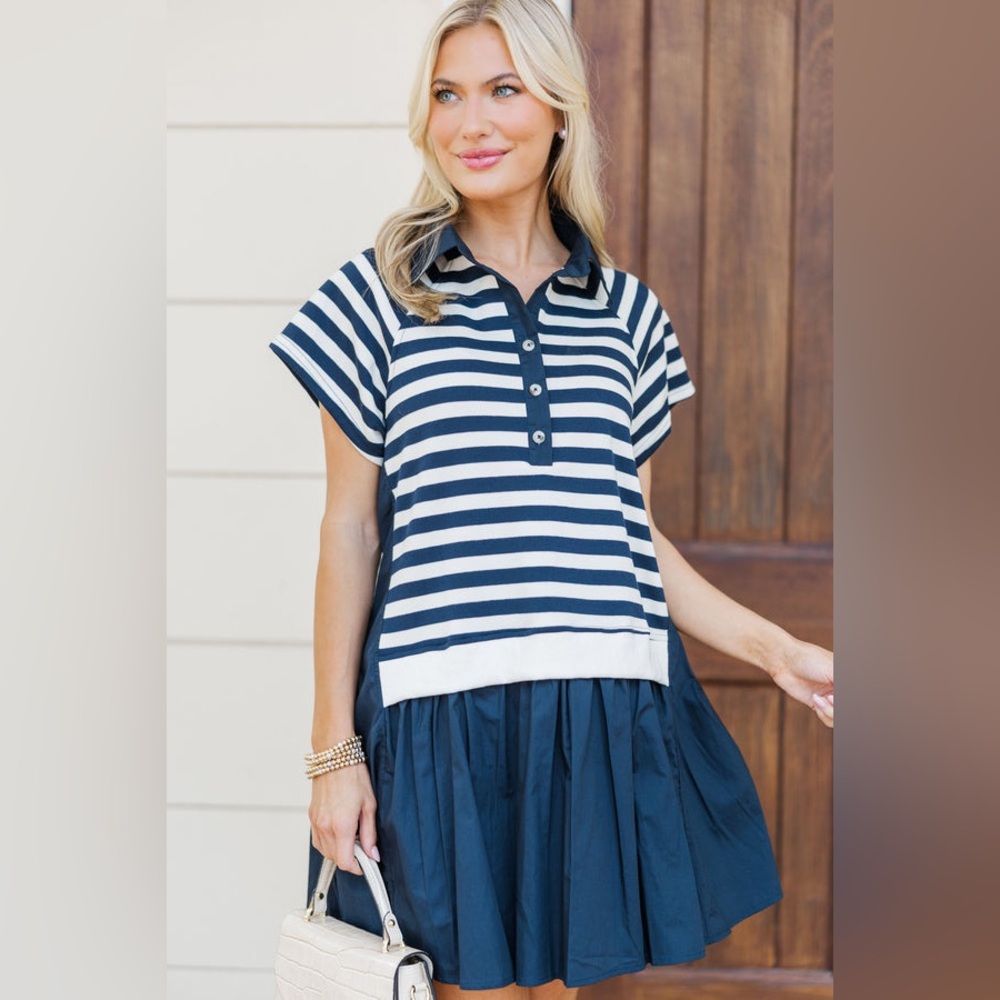 She + Sky Navy and White Striped Polo Mini Dress
